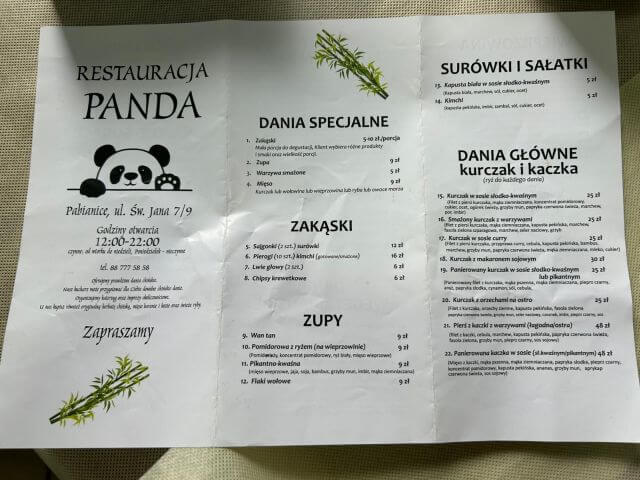 menu restauracji
