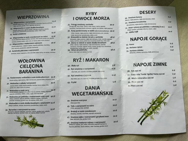 menu restauracji